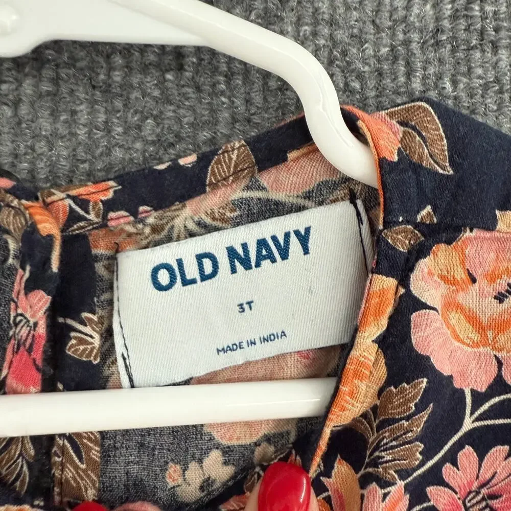 Old Navy Girls Babydoll Tunic Blouse 3T Navy Floral Swing Top Long Sleeve Flowy